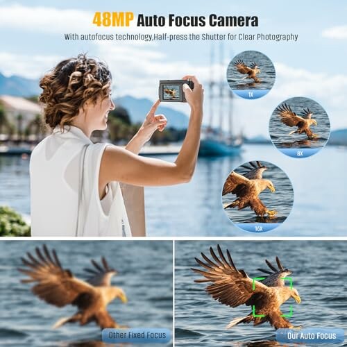 Person taking photo of flying bird with 48MP auto focus camera.