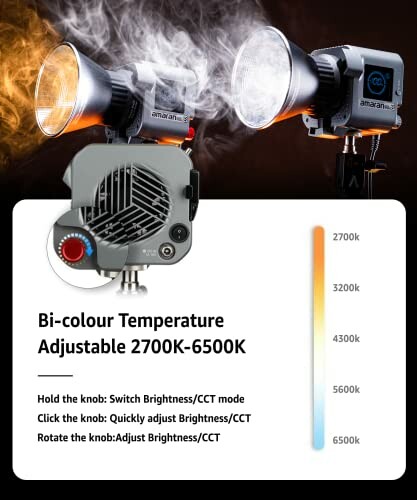 Bi-color temperature adjustable lights with control knob, range 2700K-6500K.