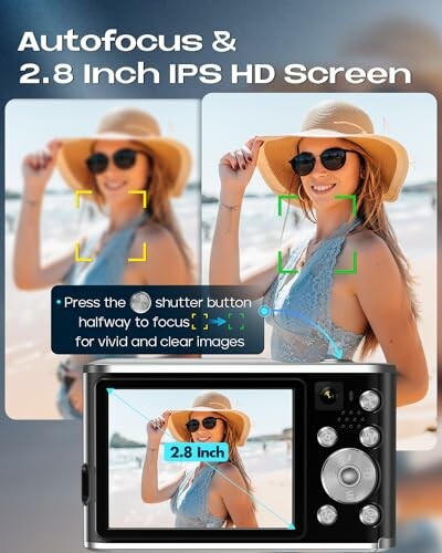 Digital camera showcasing autofocus and 2.8 inch IPS HD screen with a woman on the beach.