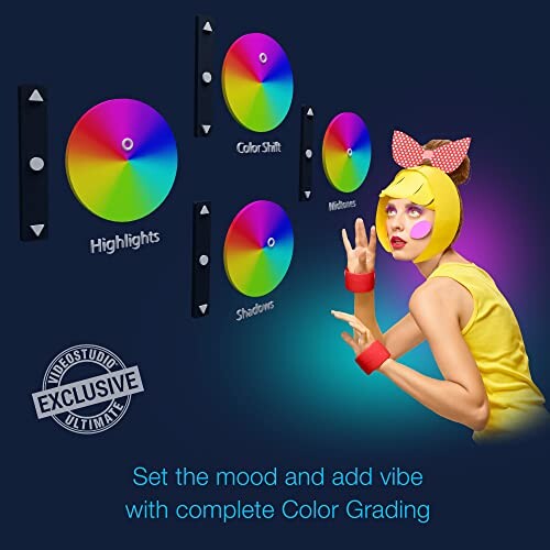 Graphic showing color grading tools with a person interacting.