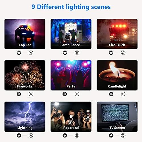 Grid showing 9 different lighting scenes: cop car, ambulance, fire truck, fireworks, party, candlelight, lightning, paparazzi, TV screen.