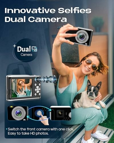 Woman taking selfie with dual camera phone and dog