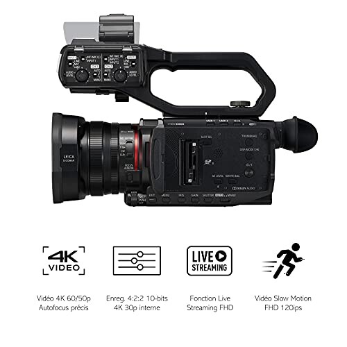 Panasonic 4K video camera side view with feature icons