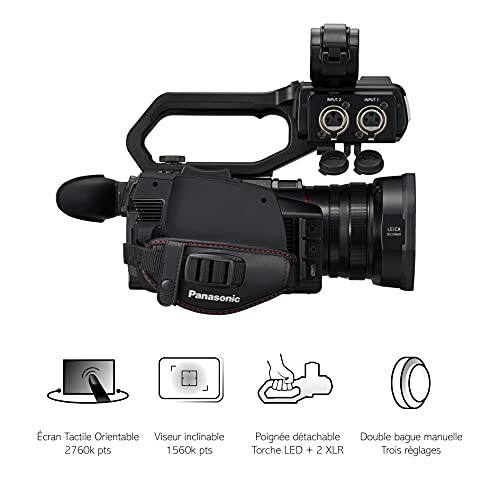 Panasonic professional camcorder with detachable handle and LED torch.