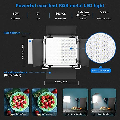 Specifications and features of an RGB metal LED light with barn doors and diffuser.