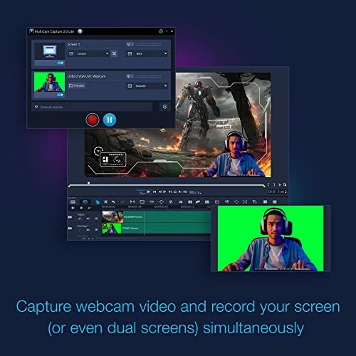 Software interface showing webcam video and screen recording features.