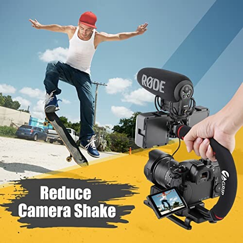 Skateboarder performing trick captured by camera with microphone and stabilizer.