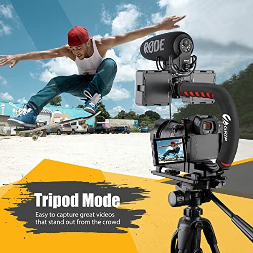 Skateboarder jumps in the air with a professional camera setup in tripod mode.